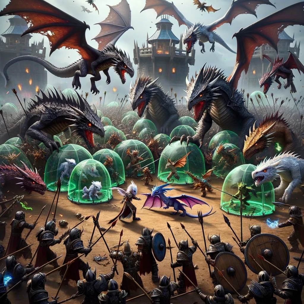 The scene captures the heart of the battle outside the Dragonheart Outpost, where the Avengers of Teldrassil defend against the djaradin. In the midst of the chaos, whimpering whelplings are shown trapped, with Arcanicwolf casting protective barriers around them. Hallowwii is also seen channeling elemental powers to heal and fortify the guild's warriors.