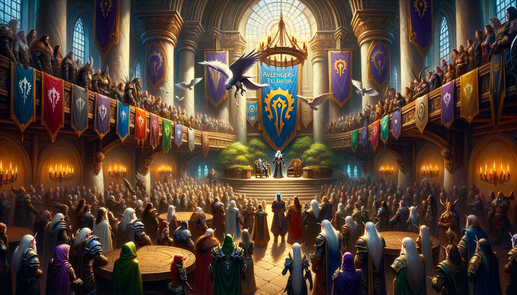 An oil painting of Myrwen addressing the guild members from a raised platform.