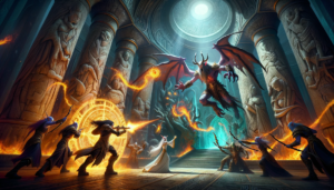 An intense scene inside the ancient Night Elf temple, with both Teldra and Myrwen confronting the temple guardians.