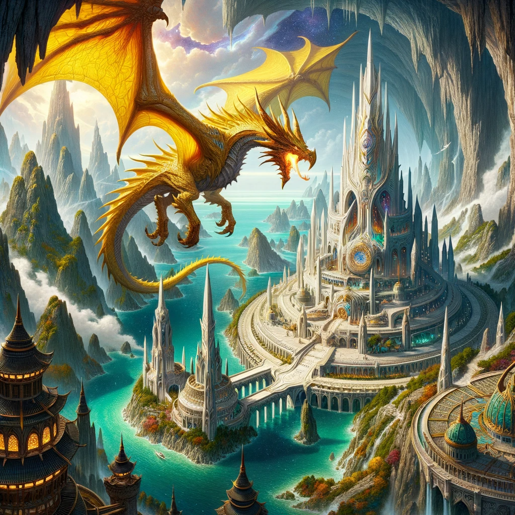A depiction of the Obsidian Citadel within Waking Shore, accentuated by the roaring presence of the magnificent yellow dragon, Kalendormu, near the Flight Master's location.