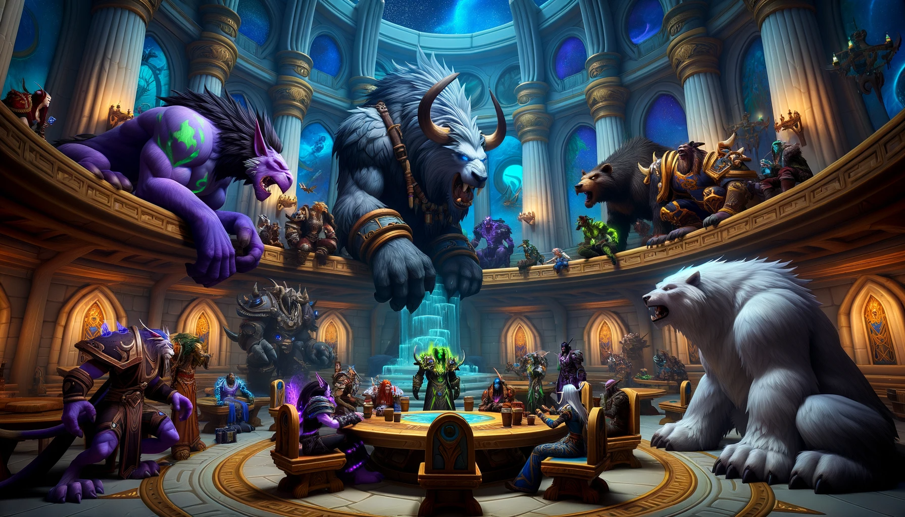 The guild hall of the Avengers of Teldrassil with various members engaged in conversations.