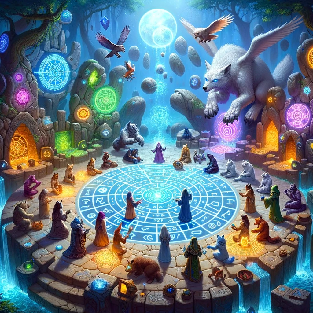 The magical puzzle area in Darnassus, showcasing the arcane challenges and the shamanic ritual led by Hallowwii.