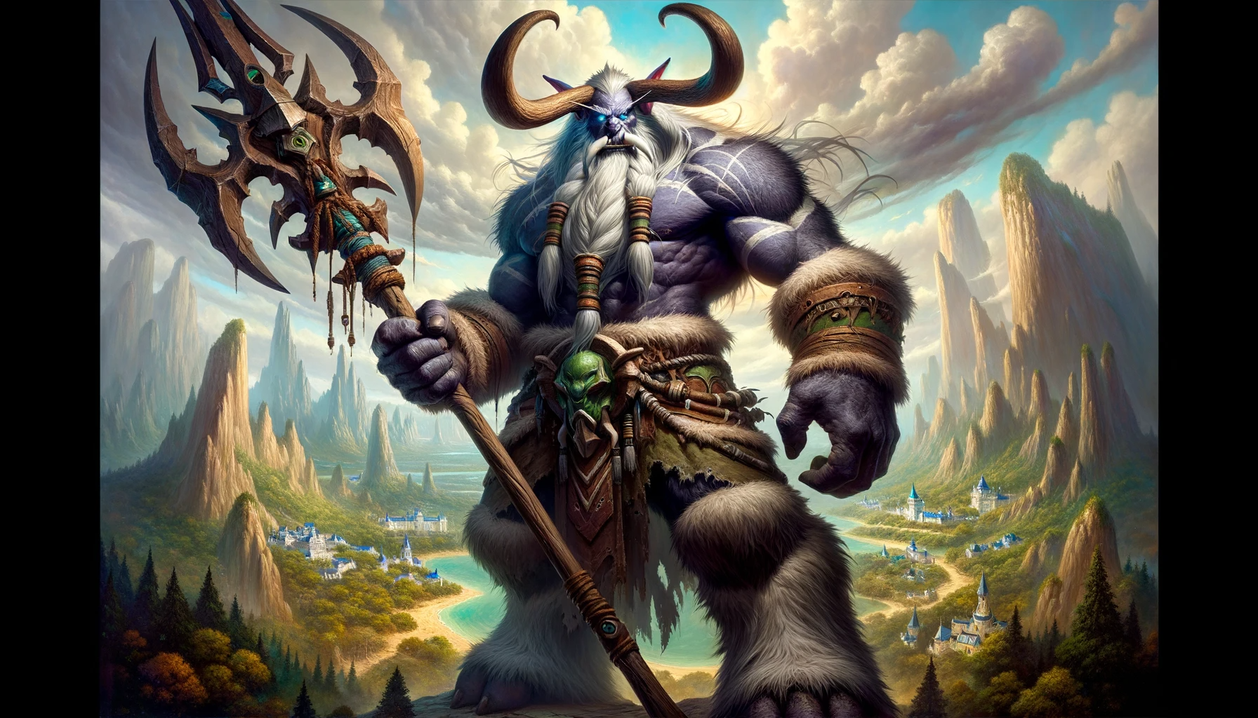 Beardirty, the towering Night Elf Guardian Druid, stands confidently. His spear showcases his might, and the landscape behind him alludes to the famous dungeons.