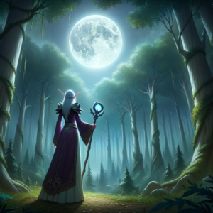 Teldra stands at the edge of a clearing in Moonshade Woods, her staff glowing softly with the energy of Elune. The serene atmosphere is punctuated by a sense of mystery as Teldra appears to be tuned into the distant whispers.