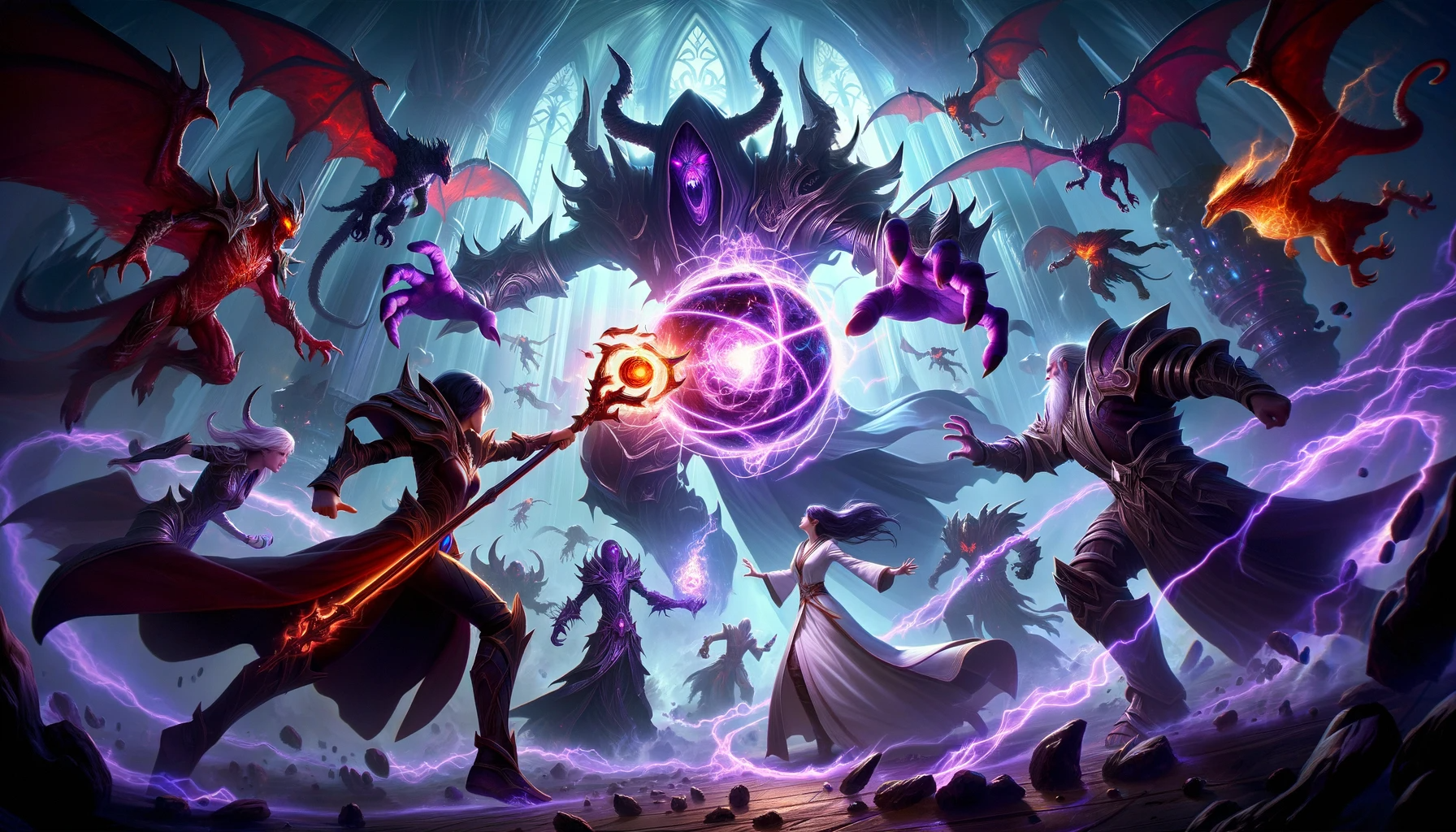 Inside the Shadowed Crucible, the Avengers face off against Sarkareth and his dark forces. Anala, with her staff, is disrupting The Sundered Flame's energy, while Teldra and Kirrin cast their spells in unison.
