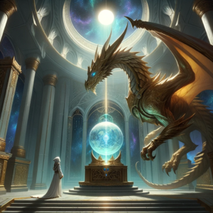 In a grand chamber, Teldra stands before the glowing Moonshard Phylactery, with the majestic bronze dragon, Chronormu, watching her intently.