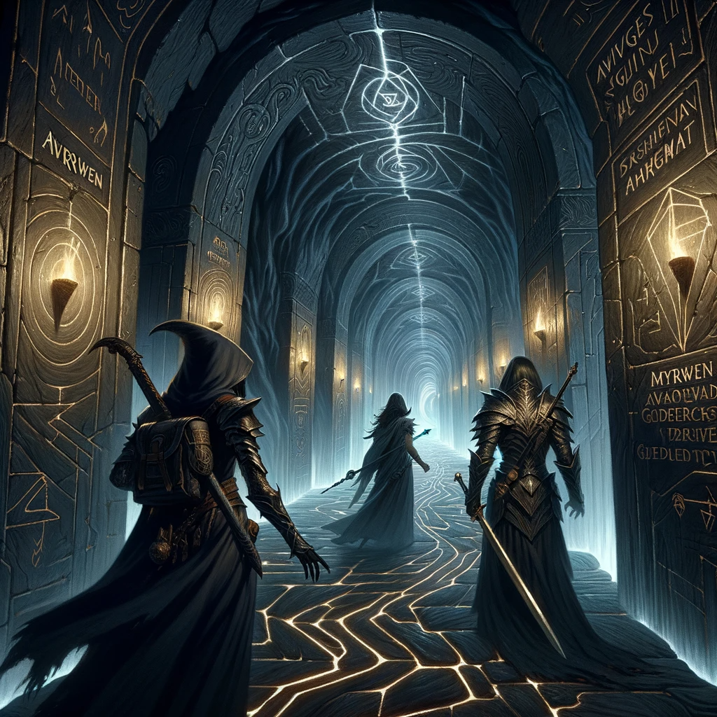 we see the interior of the citadel. A dimly lit corridor, pulsating with eerie energy, reveals Myrwen leading the group, with Avgsvnfold and Paigemat closely following. The walls are adorned with ancient symbols and carvings, indicating the dark history and secrets of the citadel.