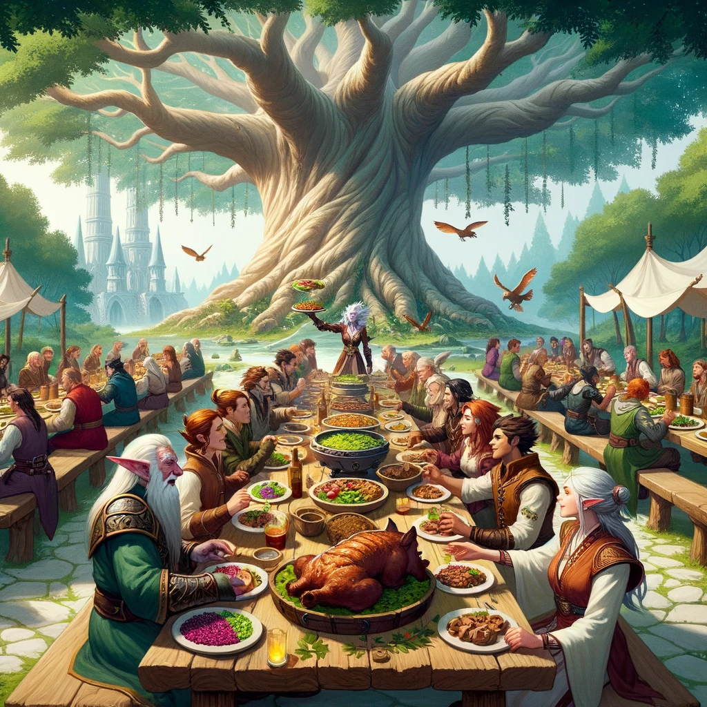 A lively feast under Teldrassil's canopy, with guild members enjoying the diverse dishes and sharing stories.