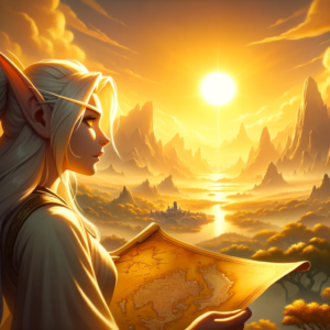 Teldra stands under the golden sunrise of Azeroth, holding a map and gazing determinedly towards the Caverns of Time.