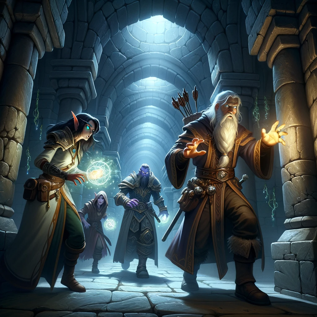 Inside the Citadel, the group cautiously navigates a stone corridor. Anala's hands glow with magical energy as Vish leads the way.