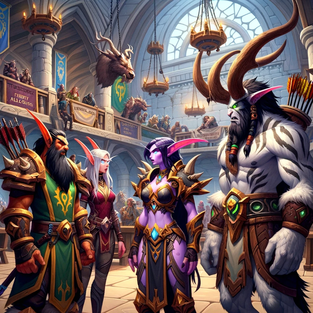 An illustration showcasing the lively interior of the guild hall. Members of various races from Azeroth are engaged in conversations and activities. Thundersense and Zensin are notably prominent.
