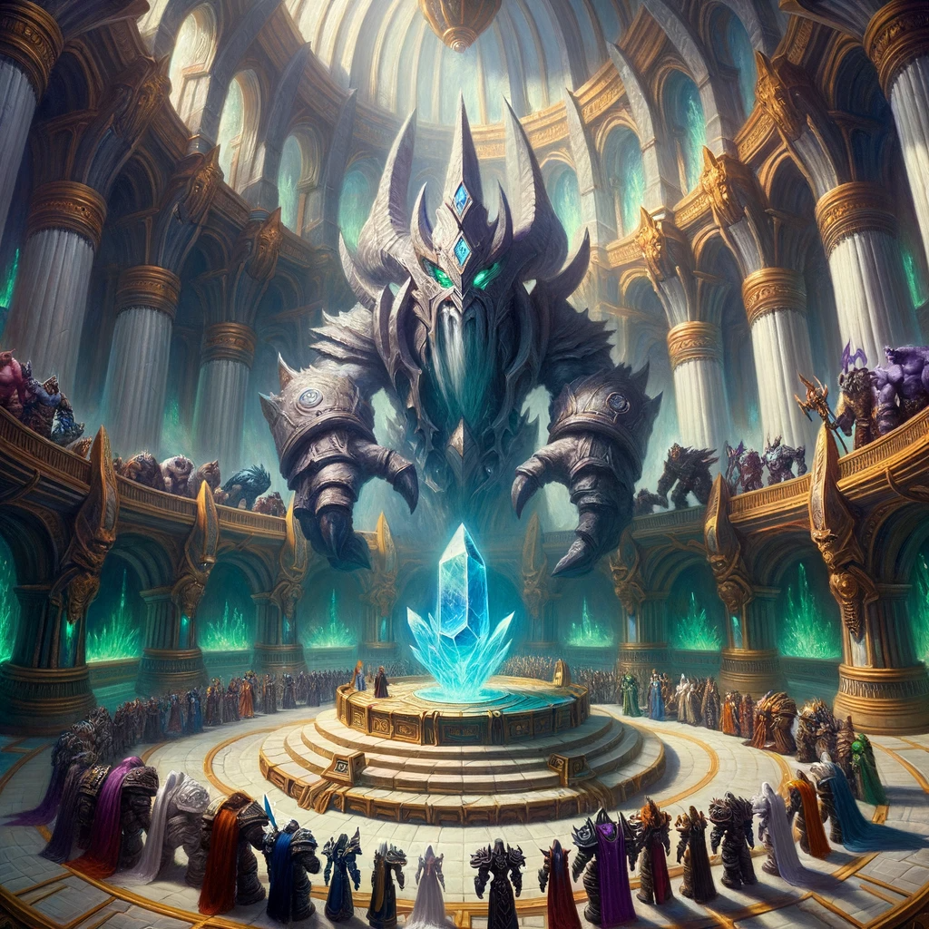 The team confronts the Djaradin in a grand atrium. At the center, the sought-after artifact rests on a dais, emitting a pulsating glow.