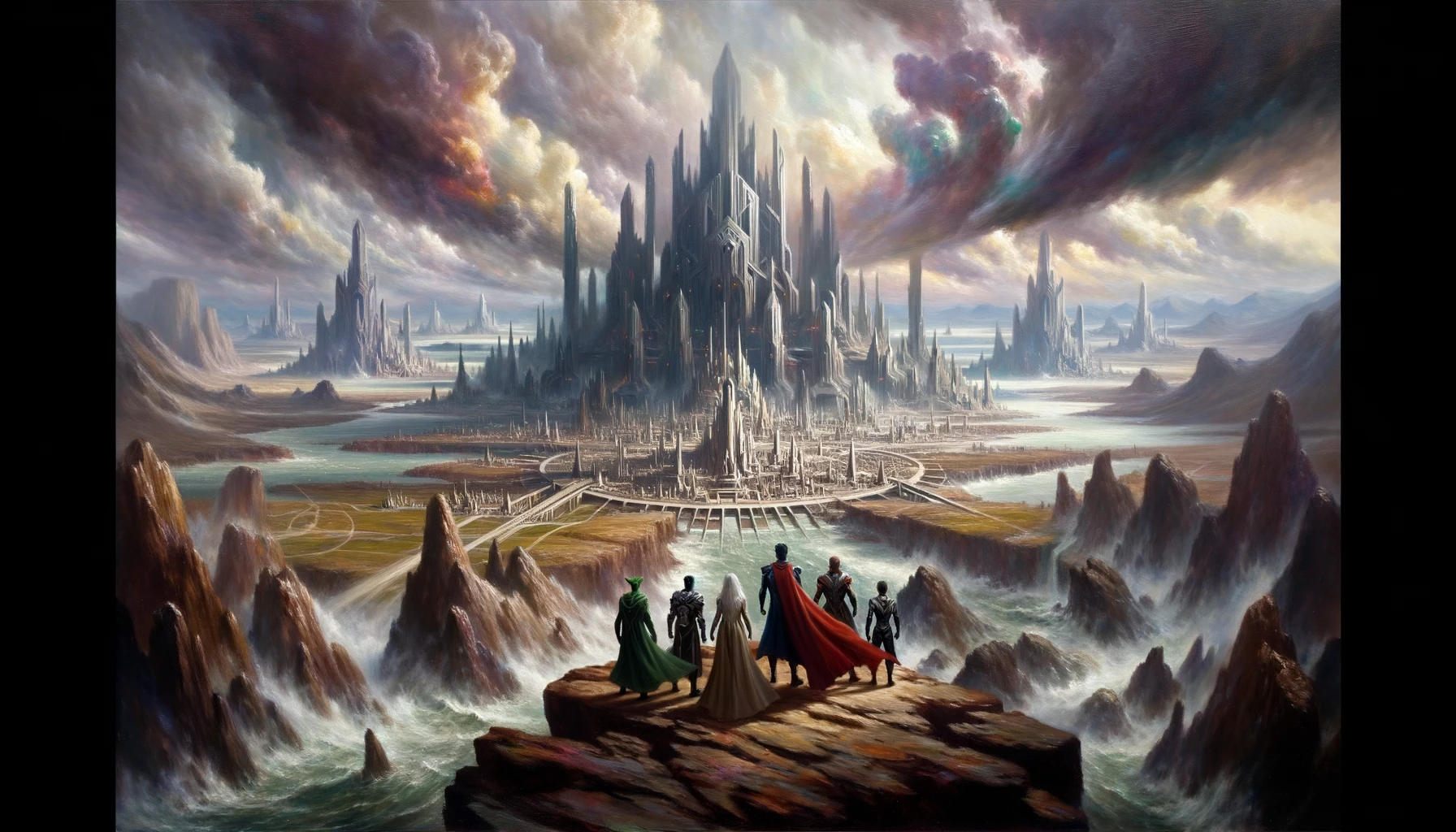 An oil painting depicting the imposing Obsidian Citadel in the distance, with the Avengers and Vish gearing up for their challenge.
