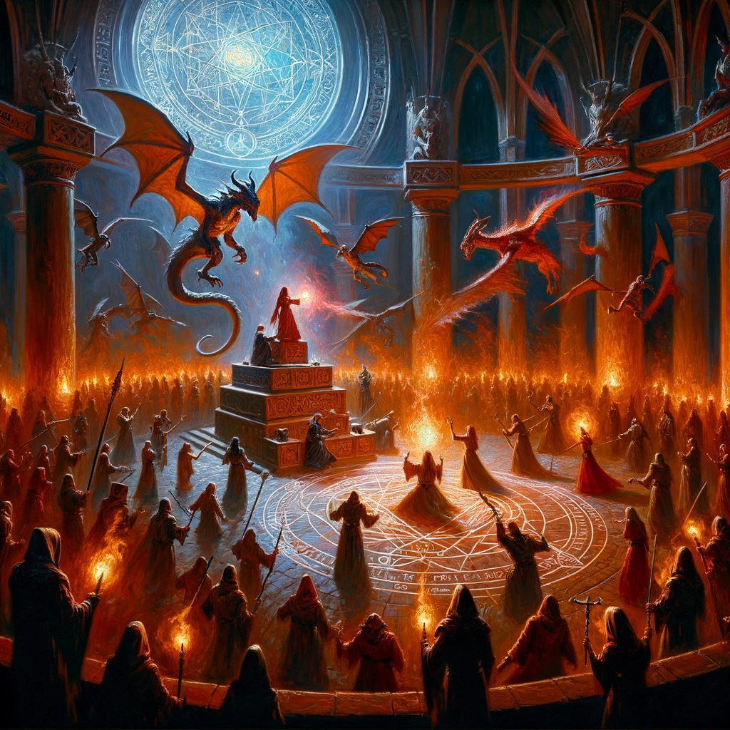 An oil painting capturing the intense final battle inside the ritual chamber of the Obsidian Citadel. Hallowwii is shown summoning elemental spirits to disrupt the dark ritual, while Paigemat employs her shadow magic to free Kalendormu.