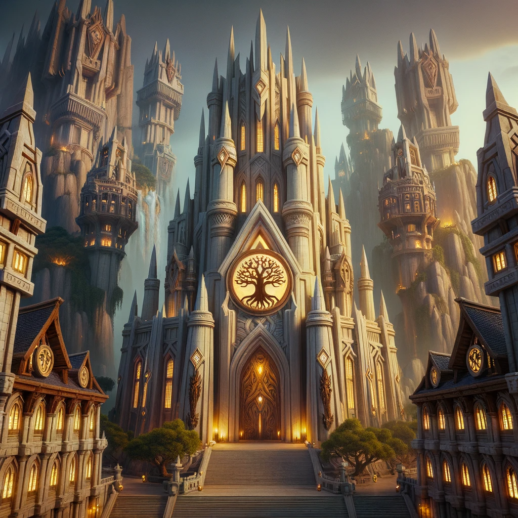 A photo depicting the grand exterior of the Avengers of Teldrassil guild hall in the heart of Greymane city.