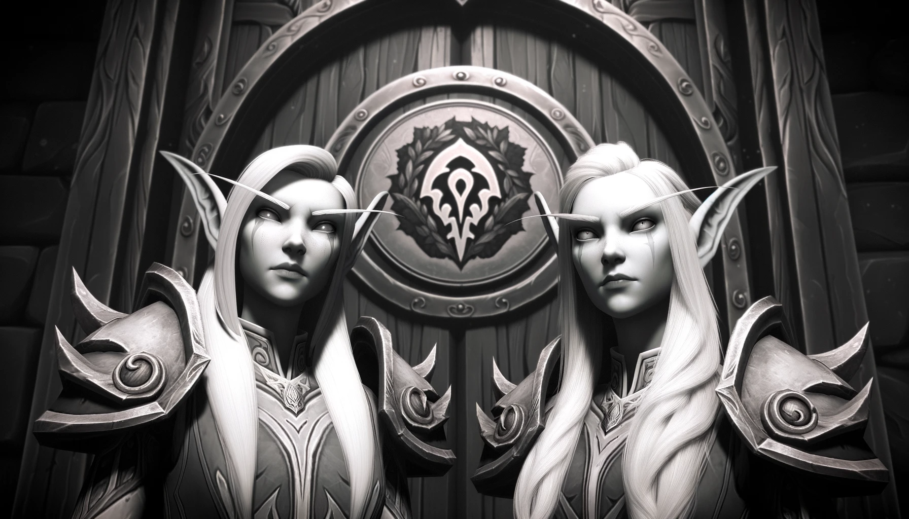 Teldra and Myrwen, standing strong at the entrance of the Avengers of Teldrassil's headquarters. Their determination is evident, and the guild emblem is proudly displayed on the door.