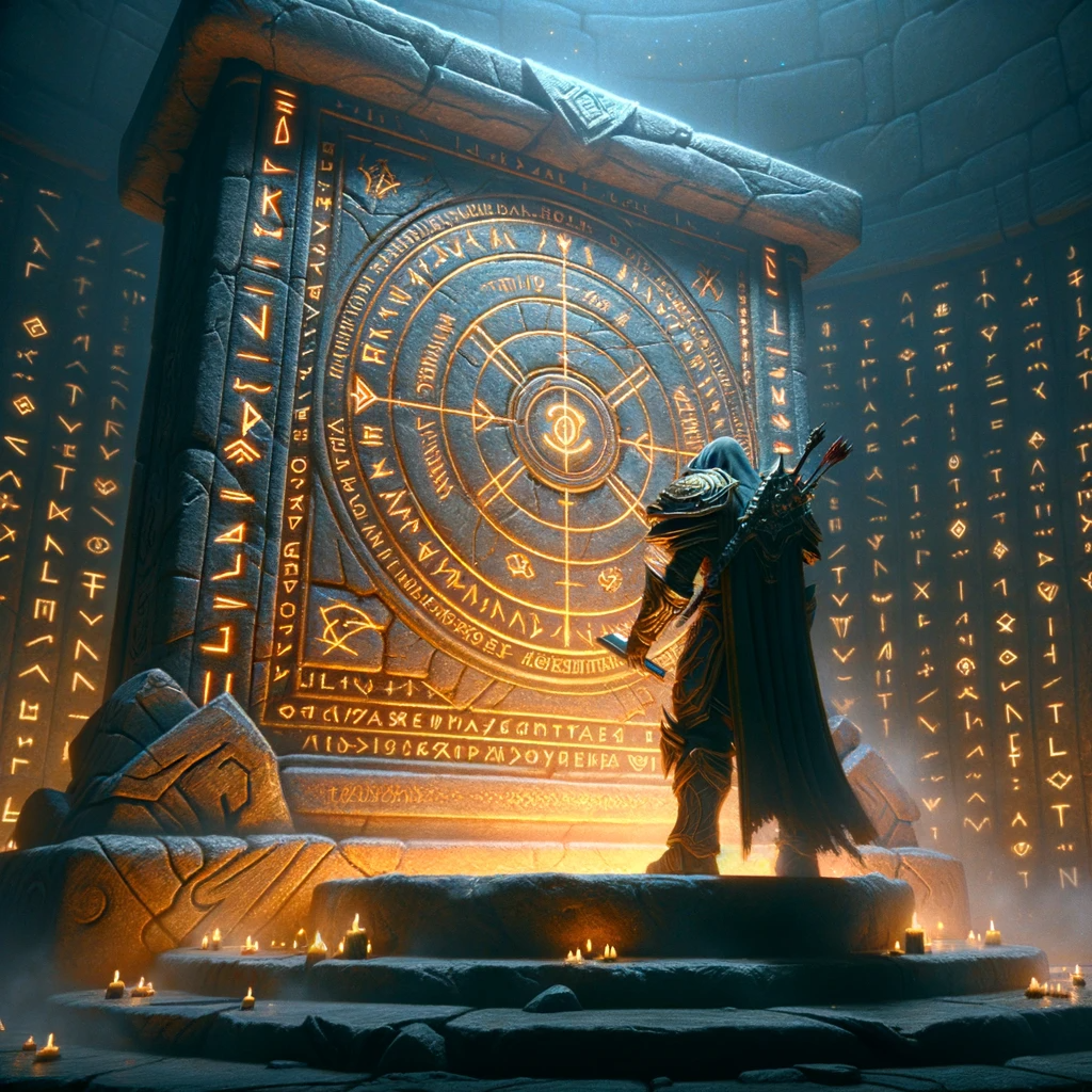 Kirrin stands within the Obsidian Citadel, examining an ancient stone pedestal inscribed with glowing runes. This scene captures the moment the Avengers discover the alliance between the djaradin and a faction from the Burning Legion.