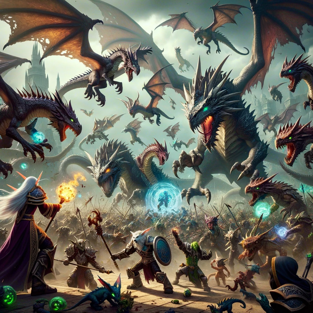 This scene showcases the Avengers in mid-combat against the djaradin. The ground shows evident signs of the ongoing battle, with flames and debris scattered about. Several dragon whelplings are in the midst of the combat, with some being protected by shimmering barriers. Hallowwii channels healing energies, supporting the guild members as they fend off their adversaries.