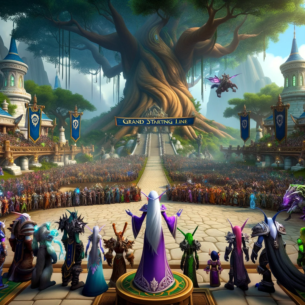 The grand starting line at the base of the World Tree in Darnassus, capturing the excitement of the guild members as they prepare for the Great Race.