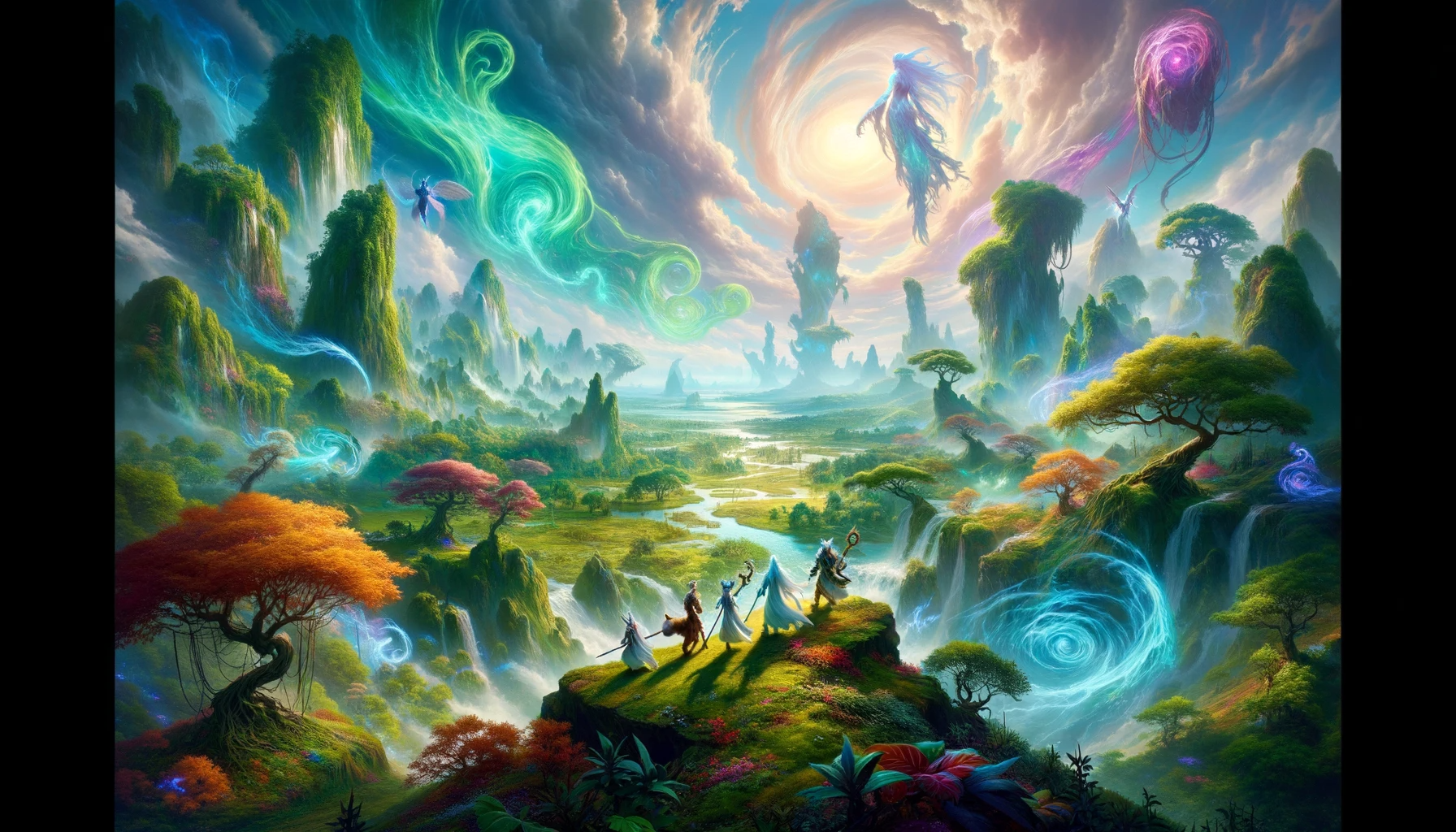 The vibrant and lush landscape of the Waking Shores, showing the Avengers navigating the terrain.