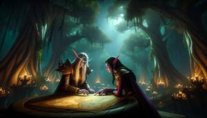 Teldra and Myrwen in the heart of Darnassus, discussing their next quest.