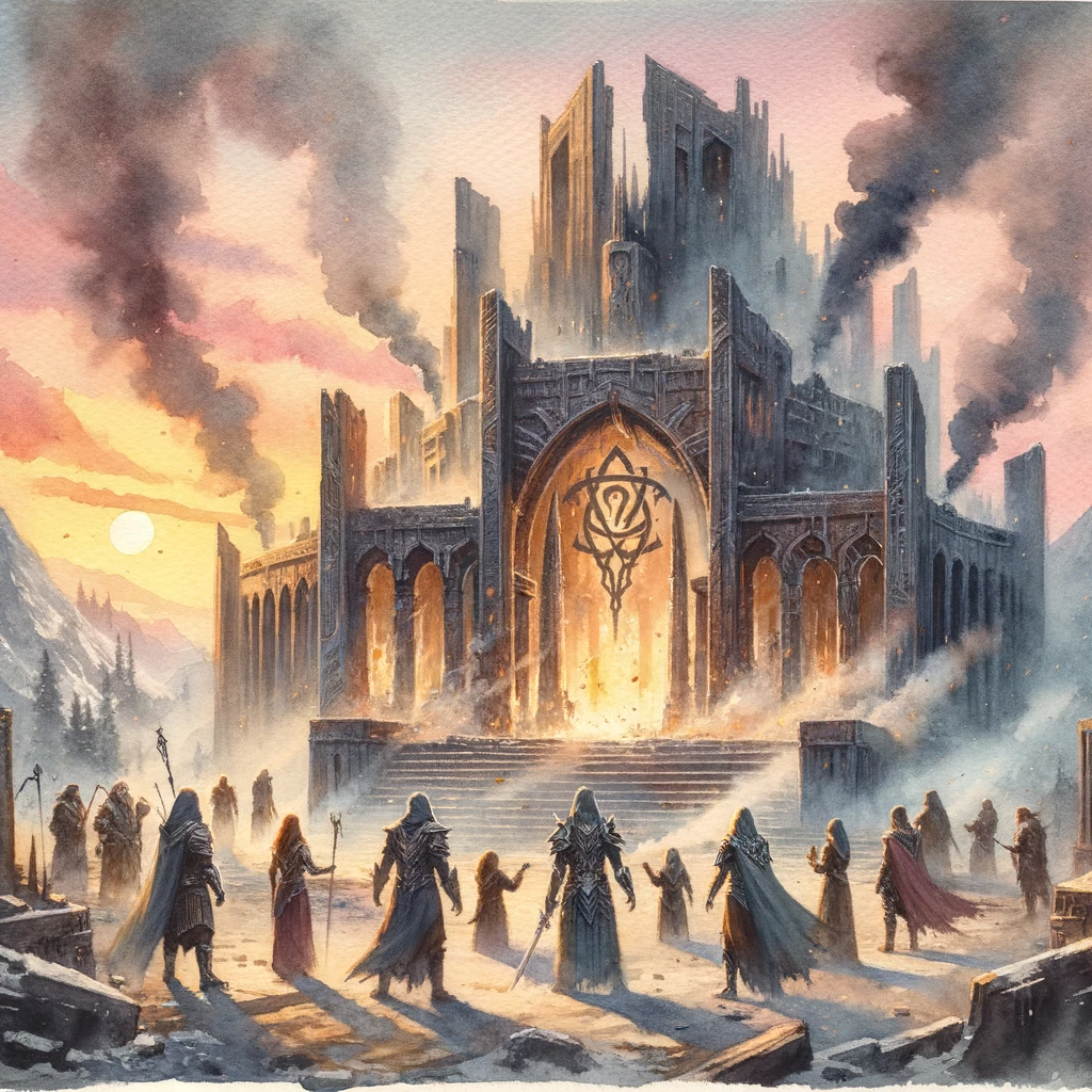 A watercolor painting depicting the aftermath outside the Obsidian Citadel. The structure is seen collapsing in the background, emitting dust and smoke. The Avengers of Teldrassil, though visibly tired, are triumphant as they gather around Myrwen, who addresses them with the setting sun casting a symbolic warm glow.