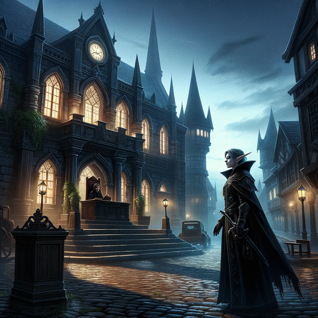 Image of a female detective with long dark hair, dressed in medieval fantasy attire, standing before a town hall in a cobblestone square at dusk. The setting sun casts long shadows between the buildings of a quaint old town. She looks determined and ready for action.