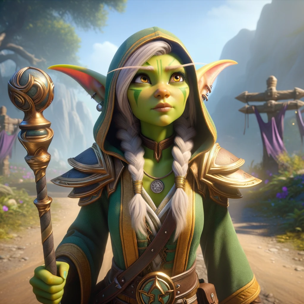 Glowstitch standing at a crossroads in a fantasy landscape, deciding to join the Avengers of Teldrassil. She is wearing a green and gold robe and holds a staff in her hand, her face set with determination.