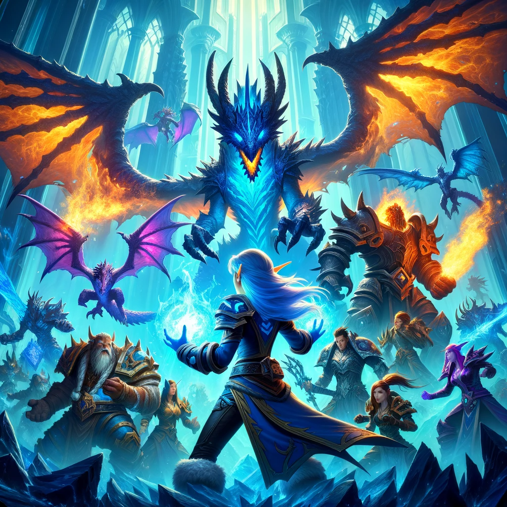 illustration of Glowstitch and her fellow guild members in the midst of a fierce and brutal battle with the blue dragonflight within the towering spires of the Nexus in Northrend. The blue dragons are unleashing their full might, with fire and ice attacks, while the Avengers stand strong, their bond unbreakable. Glowstitch is at the forefront, her healing magic glowing brightly as she tends to a wounded guild member.