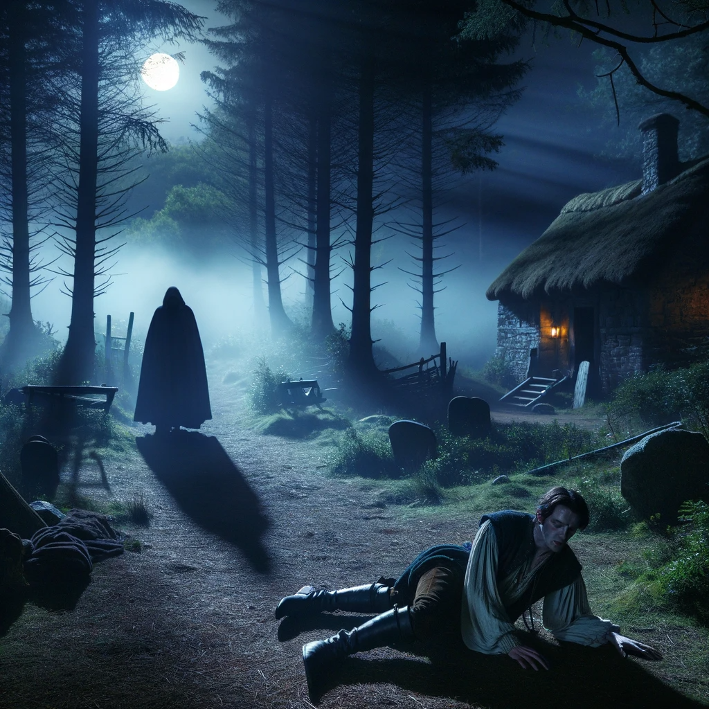 The final image shows a medieval detective kneeling beside a villager in a moonlit clearing, reflecting urgency and concern. The villager appears distressed and fearful, with the detective urgently seeking information about the shadowy events that have occurred.