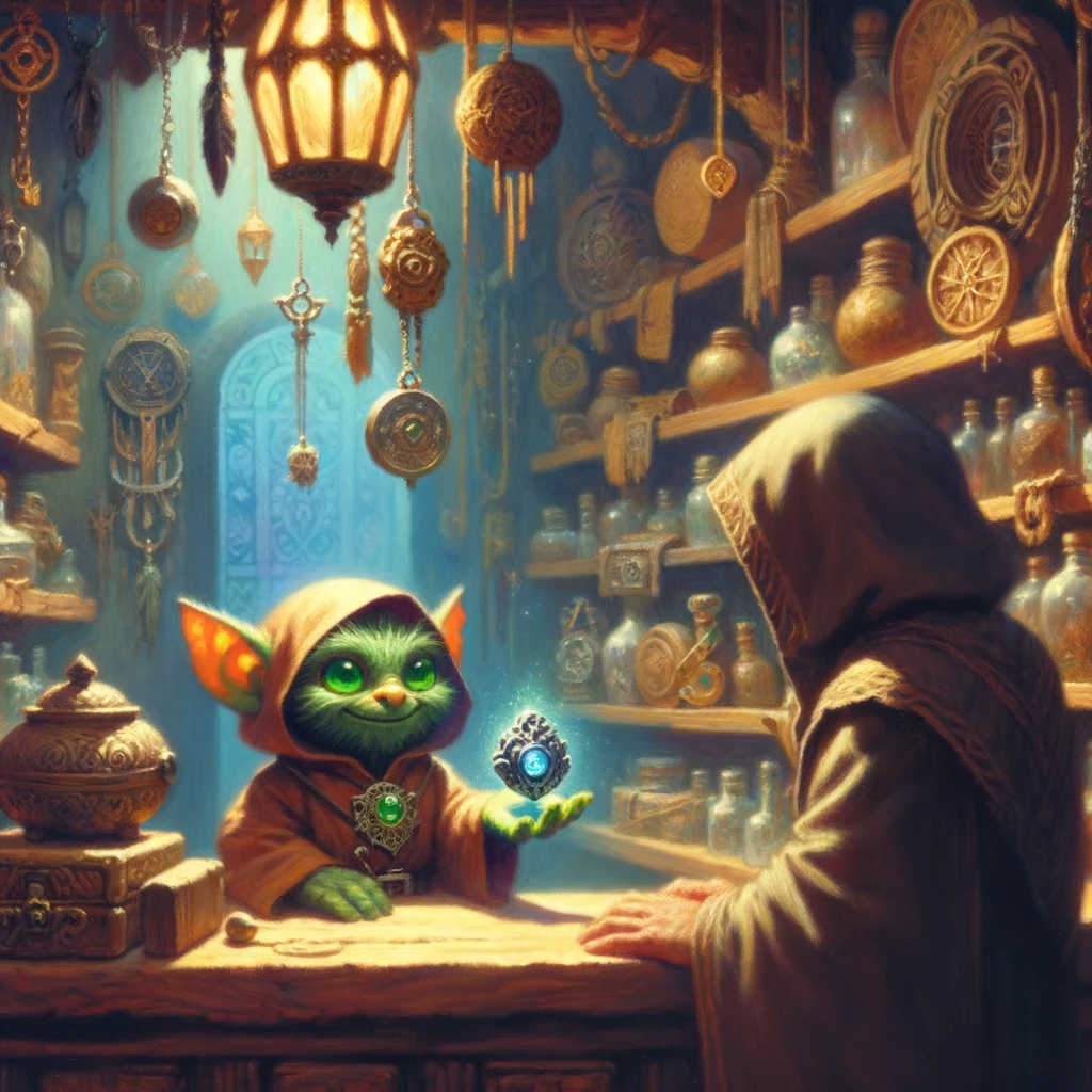 The mystical interior of Glim's Glimmers, where Glim, the petite goblin, engages with the hooded traveler presenting the enigmatic amulet.