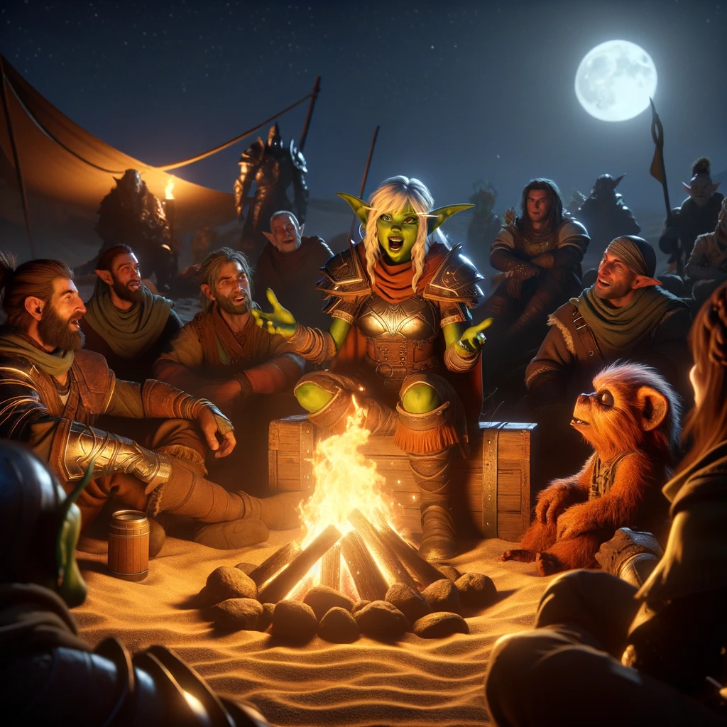 A nighttime scene where the group sits around a campfire in the desert, sharing stories and enjoying each other's company