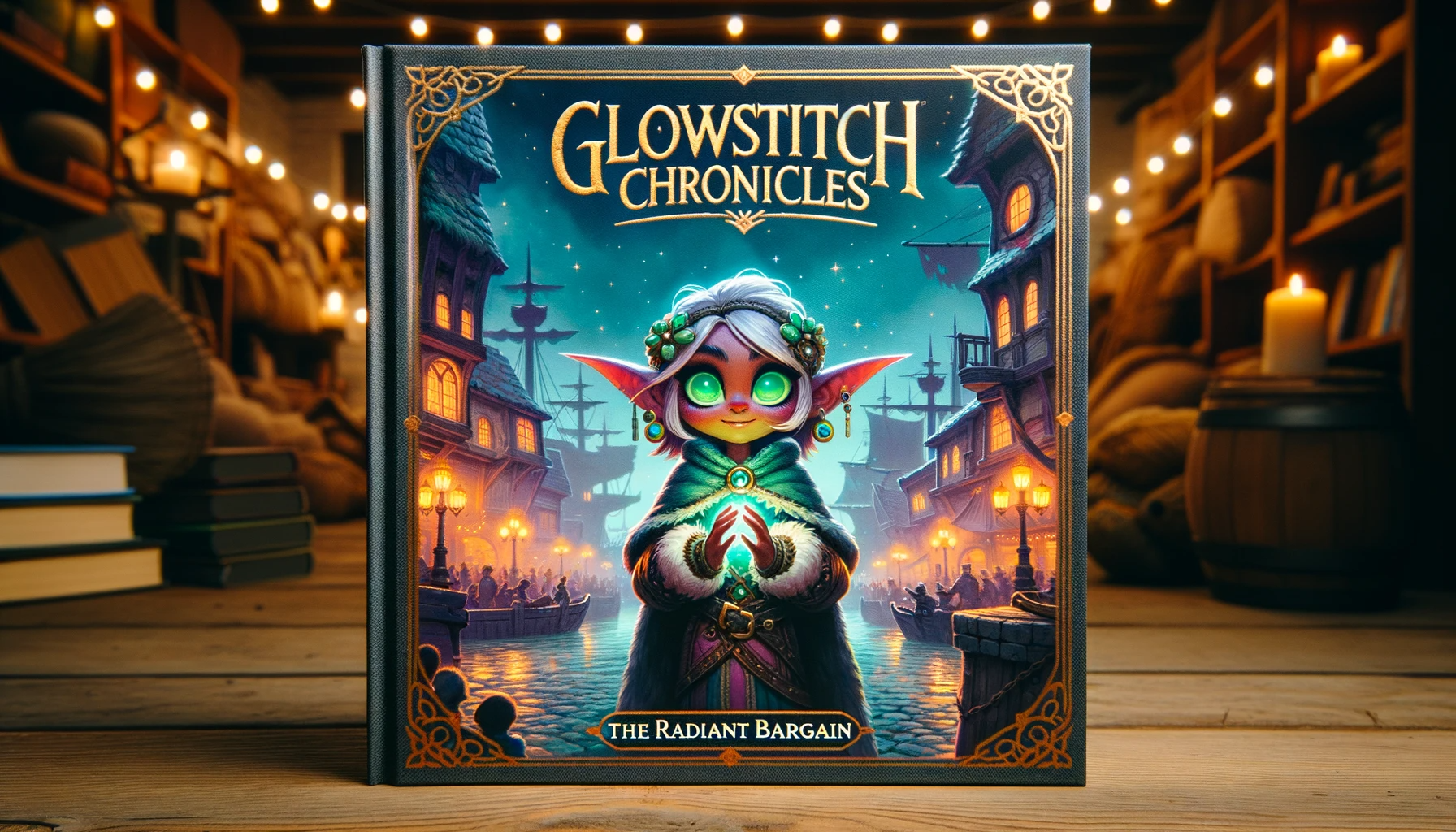 Photo of a grand storybook cover titled 'Glowstitch Chronicles: The Radiant Bargain'. The cover features an illustration of Glowstitch, the petite goblin with emerald eyes, standing at the entrance of her shop in Bilgewater Harbor. The mysterious amulet, pulsing with a soft glow, dangles from her hand, casting a light on the cobbled streets. The background is a mix of the bustling harbor, ships, and silhouettes of adventurers, all beneath a twilight sky shimmering with stars.