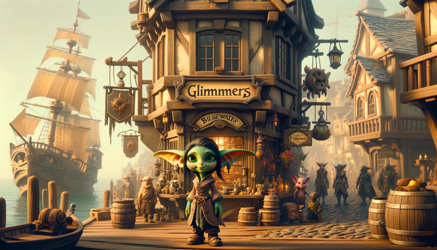 Photo-style image of Bilgewater Harbor during the day, bustling with sailors, traders, and adventurers. In the foreground, the corner shop 'Glim's Glimmers' stands out, and standing in front of it is Glim, a petite goblin with emerald eyes, a sly grin, and attire reflecting her status as a shopkeeper of rare items.